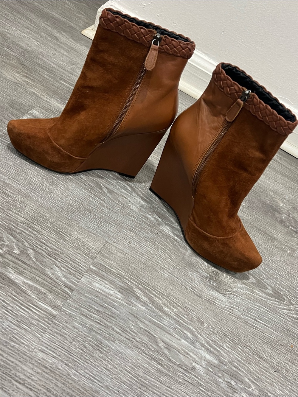 Women's Braided Trim Brown Suede Wedge Ankle Boots